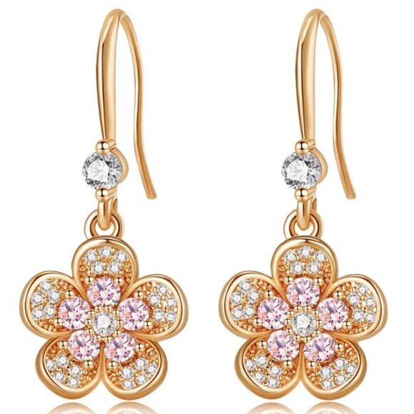 14K Yellow Gold with Pink Sapphire and Diamond Austrian Crystal Flower Earrings
